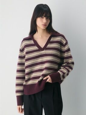 Aritzia Striped V-Neck Sweater in Burgundy & Cream